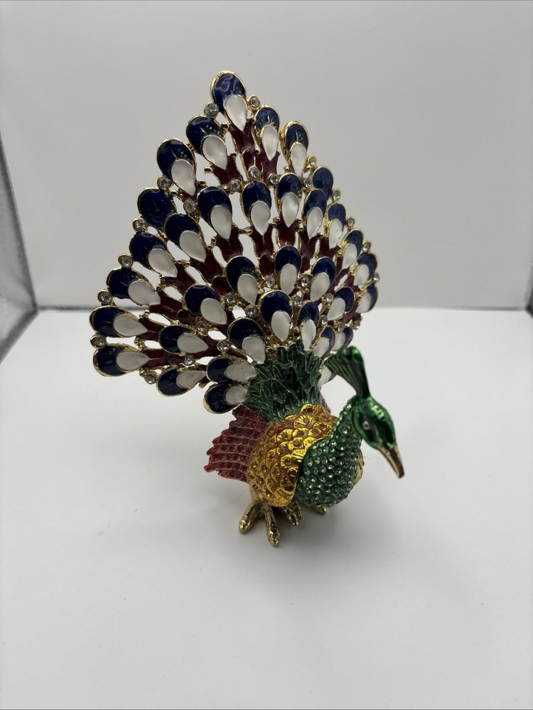 A Jeweled Metal Peacock Trinket Box. Hinged Lid.