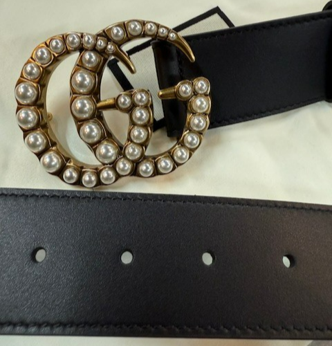 Gucci GG Pearl Buckle Women's Black Leather Belt Size 95 cm Fit's 32/34 Waist