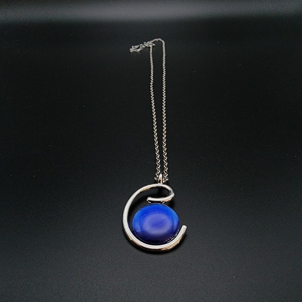 Letter C Shaped Silver Toned Pendant w/ Cobalt Blue Cat's Eye Cabochon Necklace