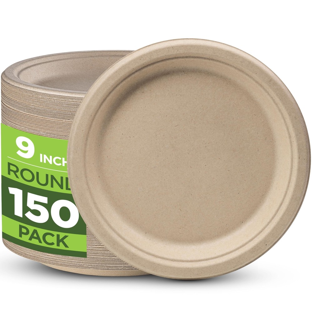 100% Compostable Paper Plates Heavy Duty - 150 Pack Biodegradable Disposable ...