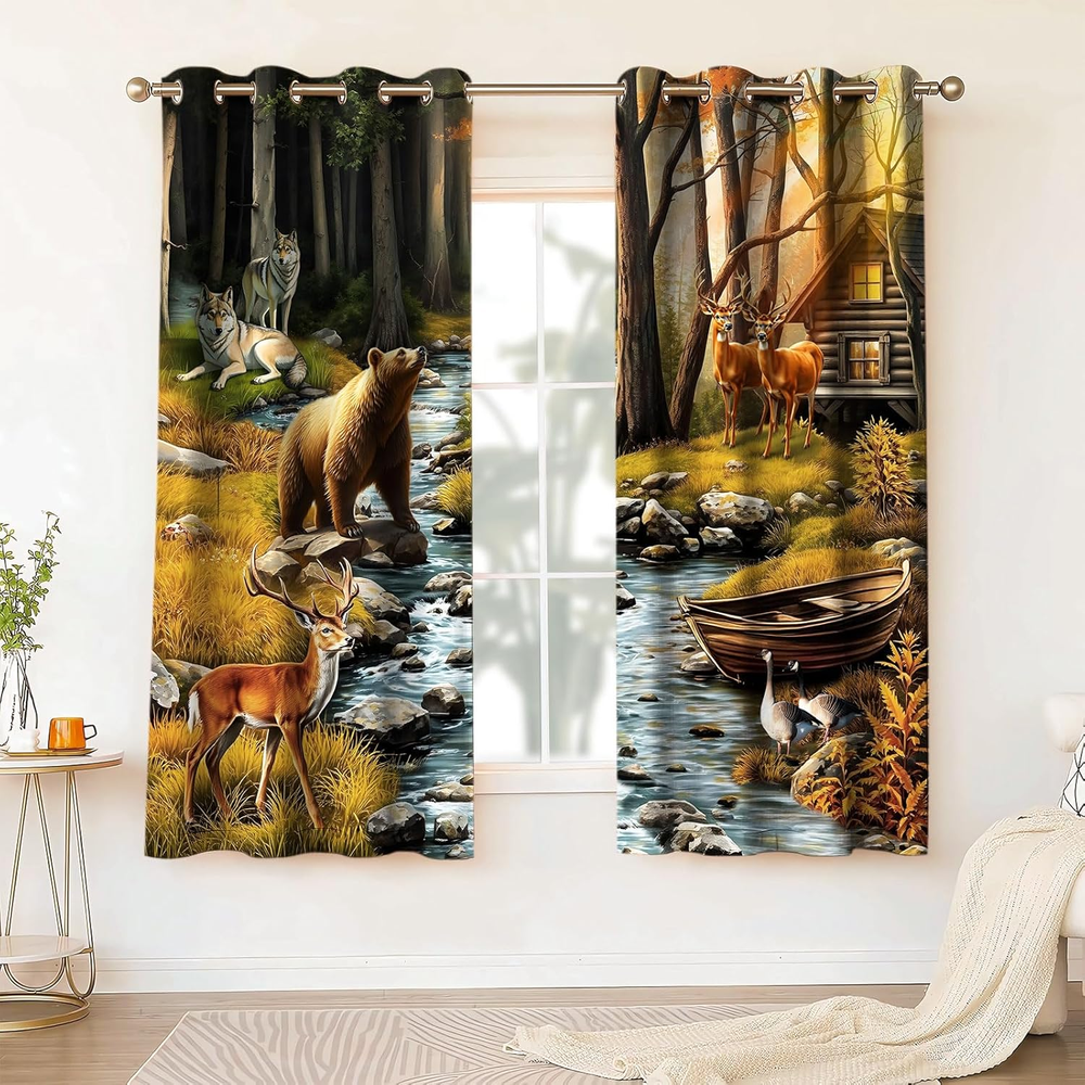Rustic Cabin Wildlife Curtains Bear Deer Dusk Forest Animal Blackout Curtain for