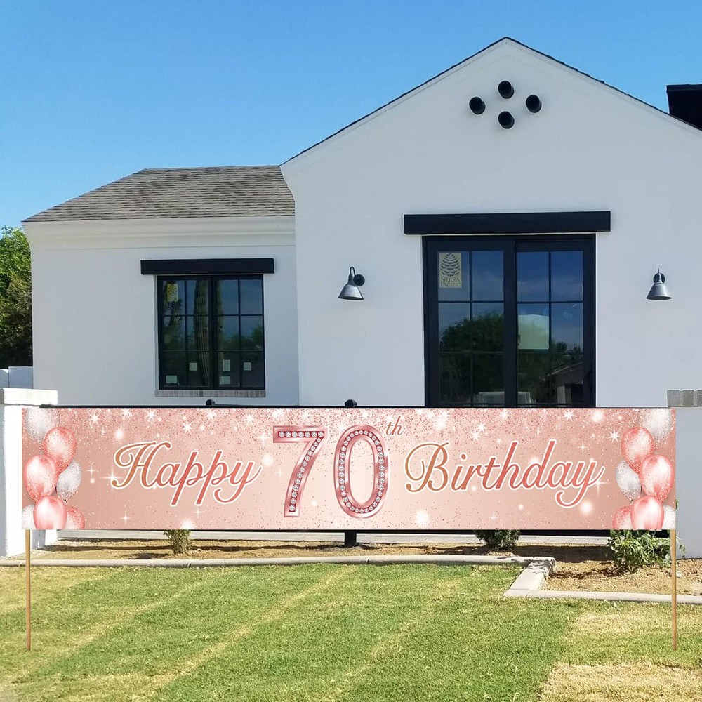 Happy 70th Birthday Rose Gold Banner & Balloon Confetti Theme Decor Set