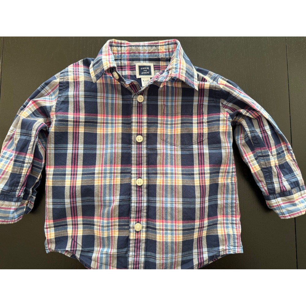 Janie and Jack Baby Plaid Shirt 6-12 mth Blue Long Sleeve Poplin Button Down