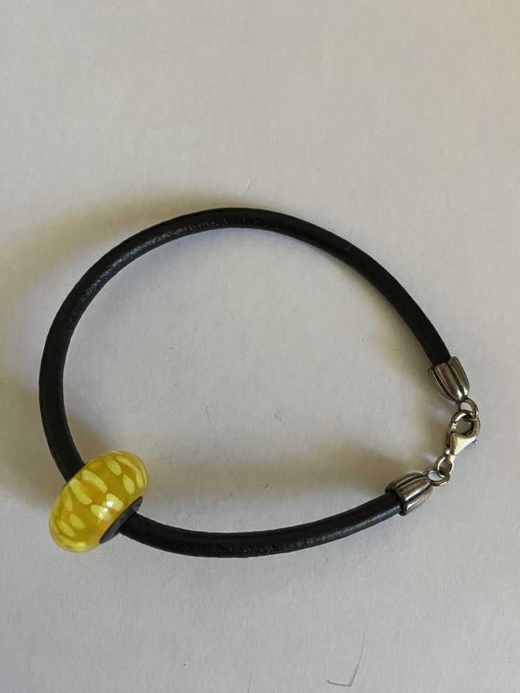 Pandora Leather Bracelet Yellow Blossom Glass Charm Sterling Clasp