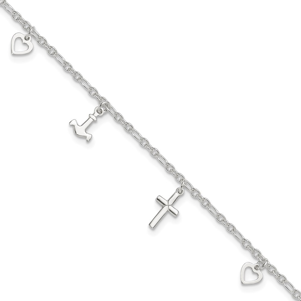 Sterling Silver Cross Heart Anchor Anklet 10 Inch with 1 Inch Extender 4.18 Grams