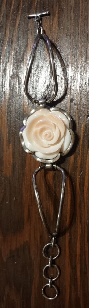 Vintage Sterling Silver Coral Rose Folding Cuff Bracelet