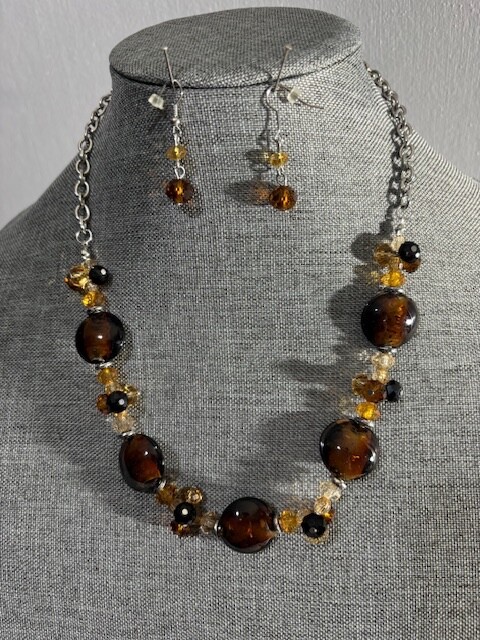 Vintage Citrine Faceted Glass Necklace and Earring Set