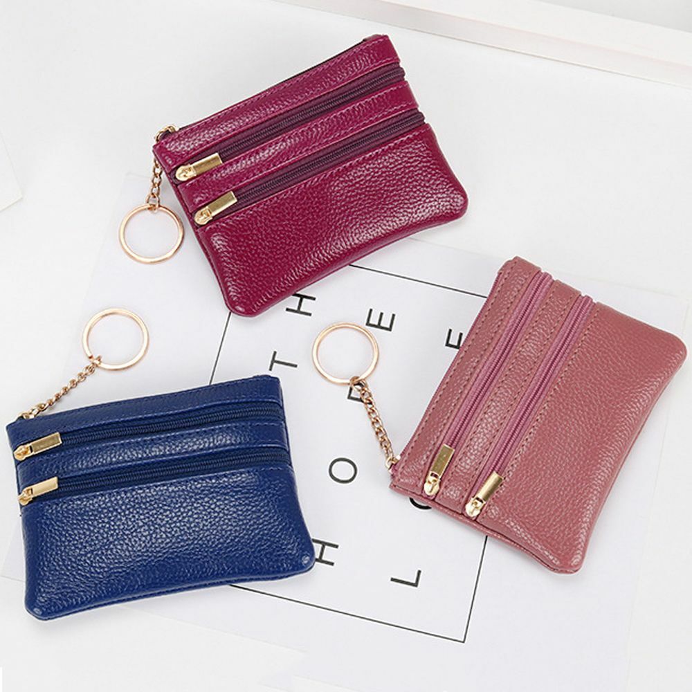 Women Short Wallet Double Zipper Key Chain Coin Purse PU Leather Card Case US