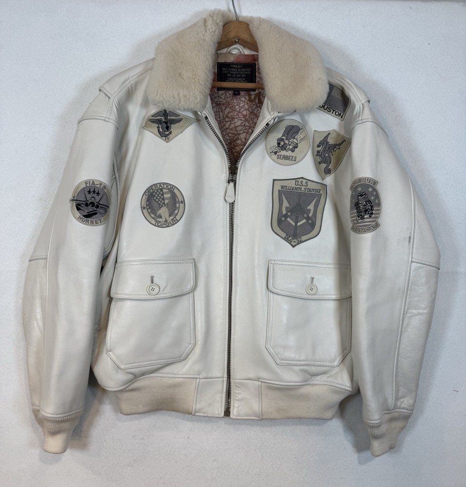 Men's Rare Top Gun Navy Issue Bomber White U S Navy Leather Bomber Jacket XXL