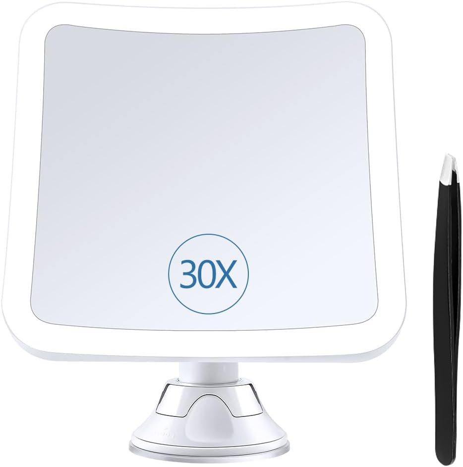 30x Magnifying Mirror with LED Light - 7.1x6.4 Inch White Vanity Makeup Mirror