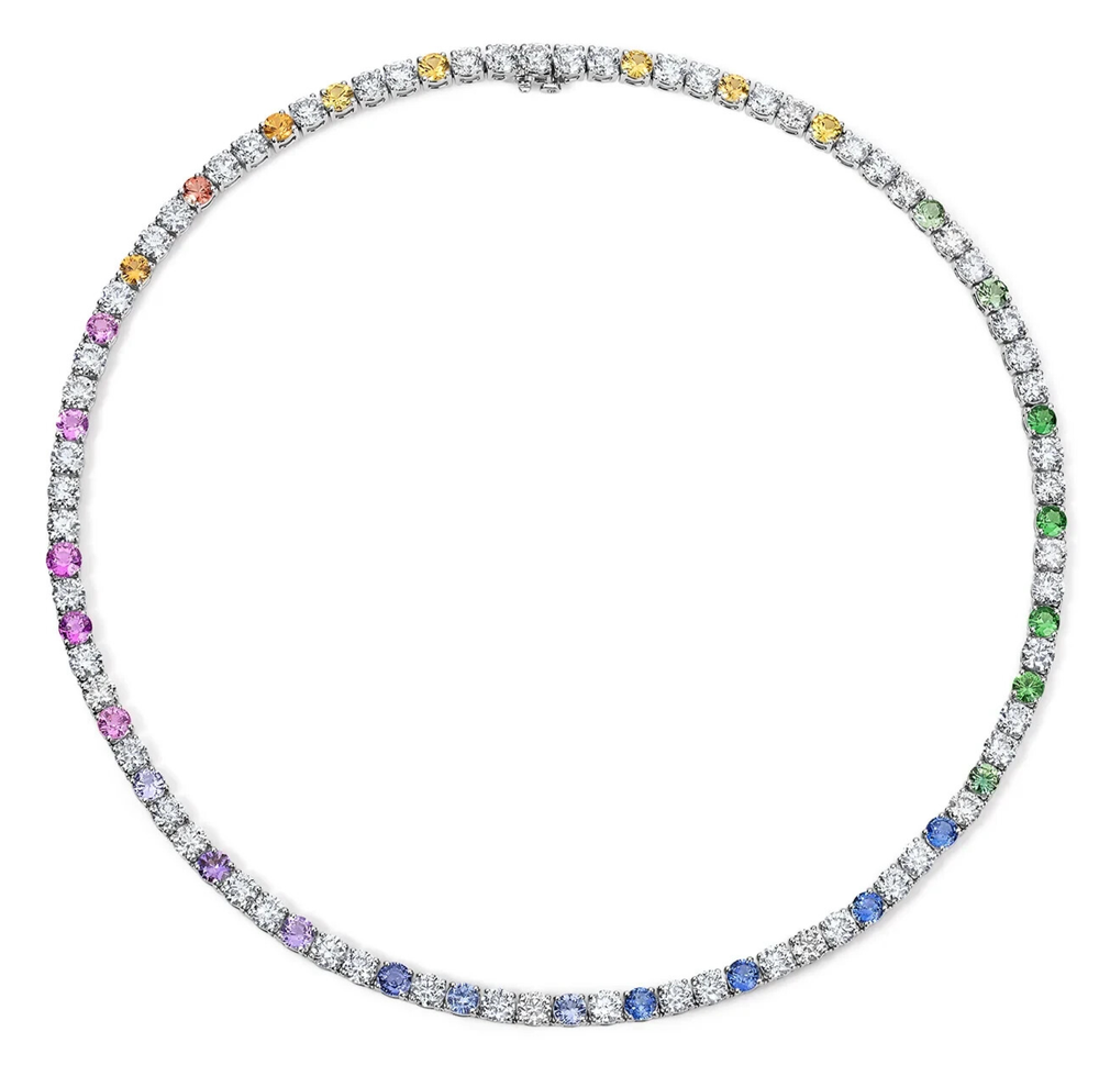 25ct Round Multi-Color Simulated Sapphire Tennis Necklace in 14K White Gold Plated