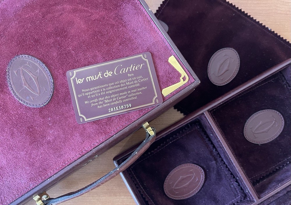 Vintage Cartier red suede jewelry briefcase with lock, handle & warranty card