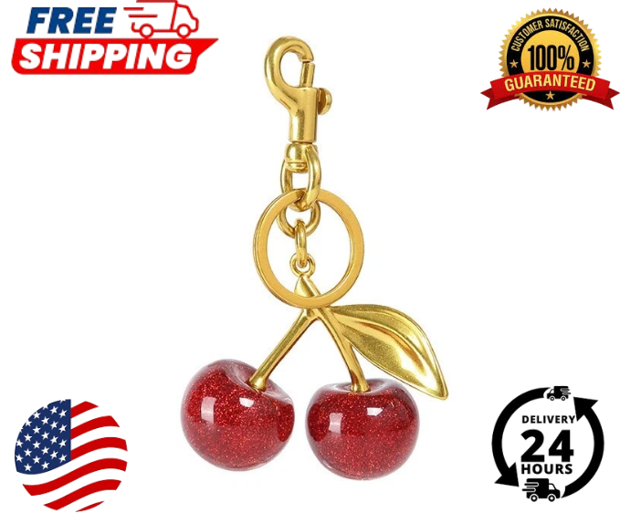 Sparkling Cherry Charm Keychain with Resin & Metal Accents