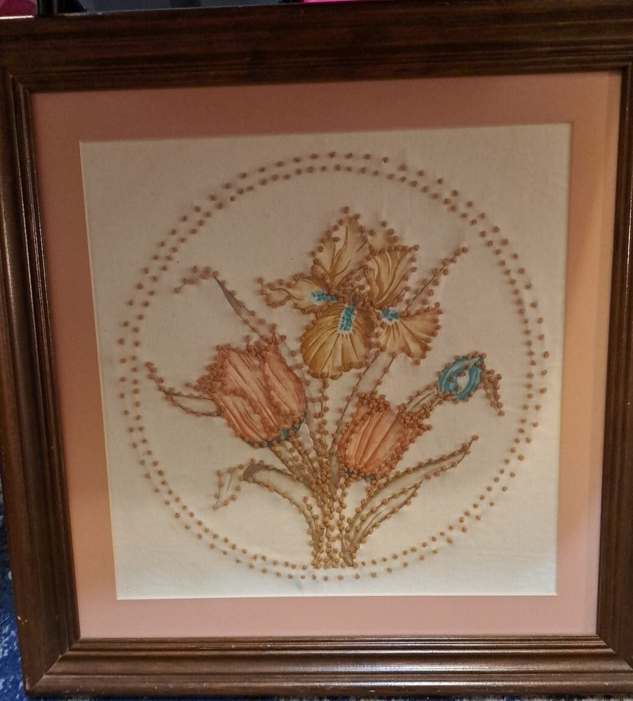 Vtg Floral Punch Embroidery / Painting Picture In Frame