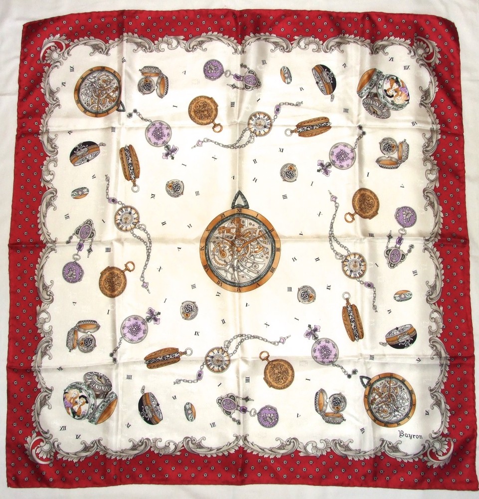 Vintage BAYRON Signed POCKET WATCH Brown Green RED Jacquard Silk 32 Luxury Scarf