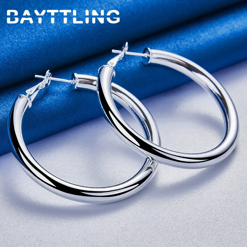 925 Sterling Silver 50MM Round Hoop Earrings Women Wife Gift Charm Party Jewelry