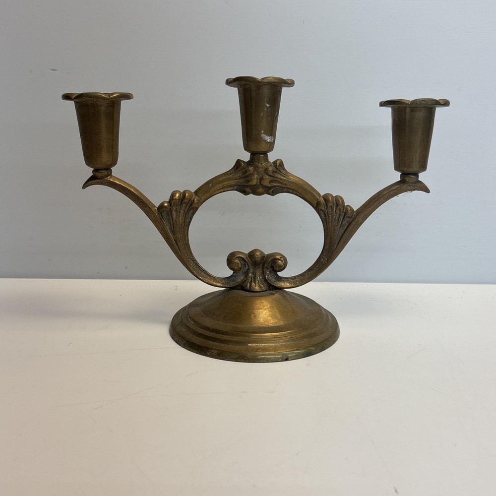 Vintage Brass 3 Arm Candelabra MCM 8” Wide