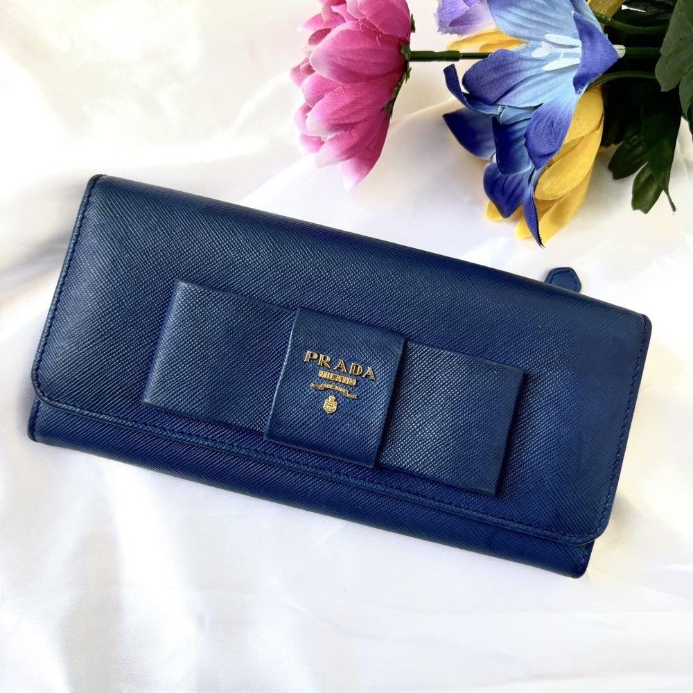 Prada Saffiano Leather Long Wallet in Blue with Metal Logo Ribbon