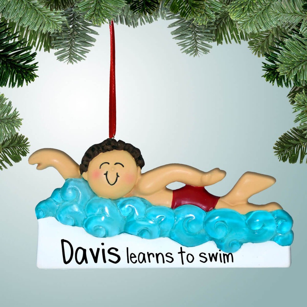 Personalized Learning to Swim - Male Brown Christmas Ornament