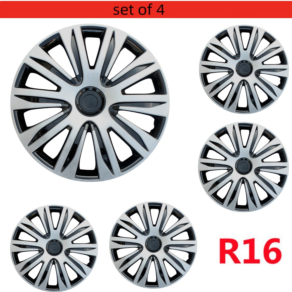 16 Inch Black & Silver Hubcap Set of 4 for Wheel Rims