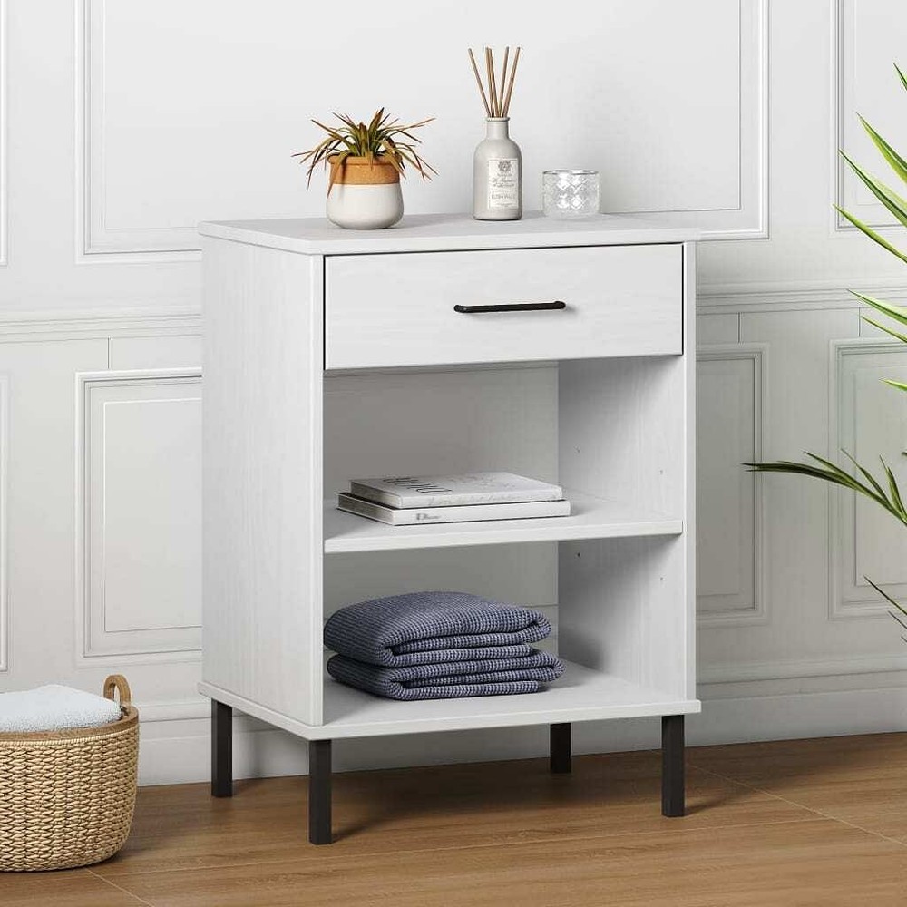 White Solid Pine & Metal Console Cabinet with Storage