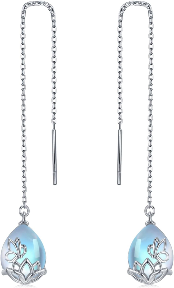 Moonstone Lotus Threader Earrings in 925 Sterling Silver with Long Chain
