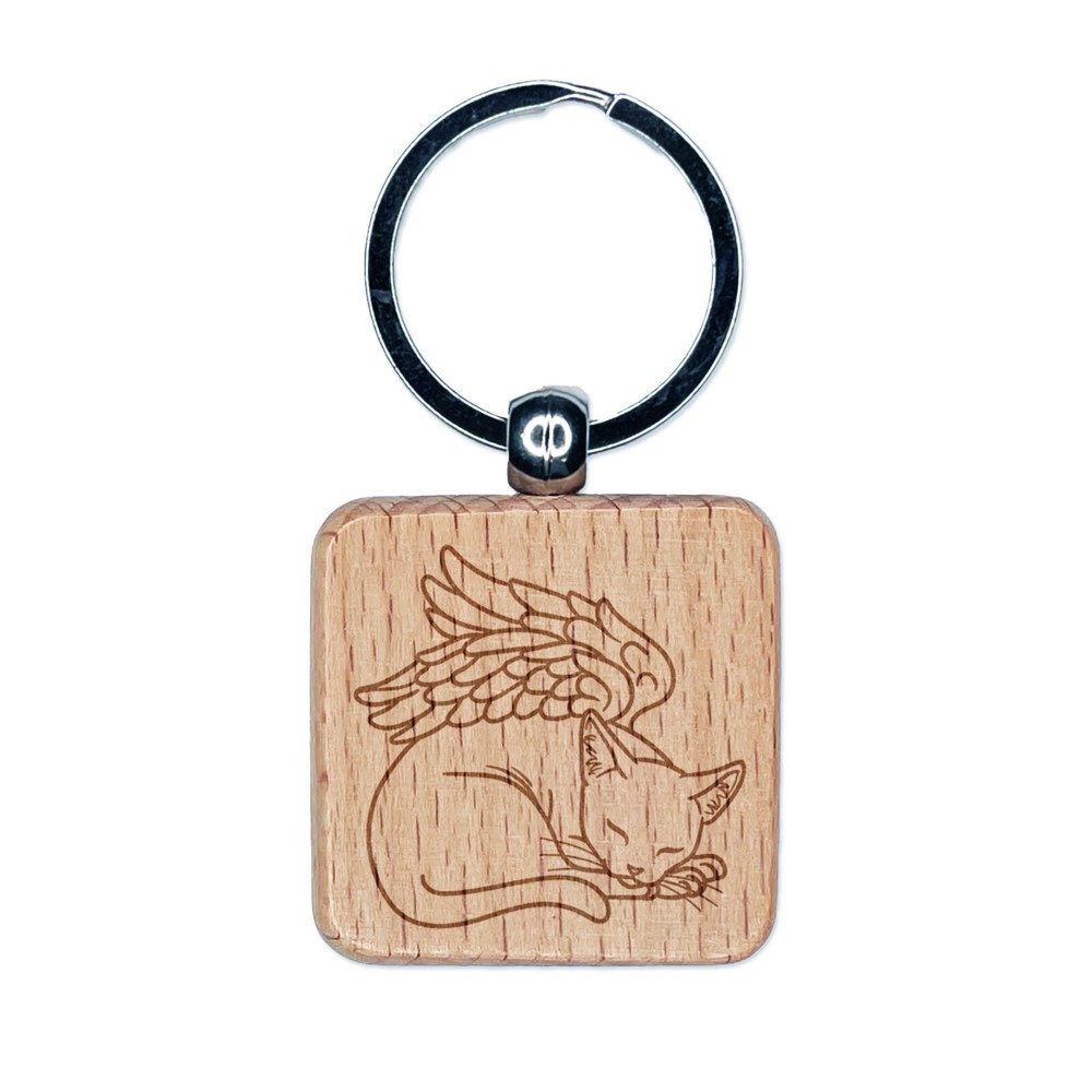 Sleeping Angel Cat Loss of Pet Engraved Wood Square Keychain Tag Charm
