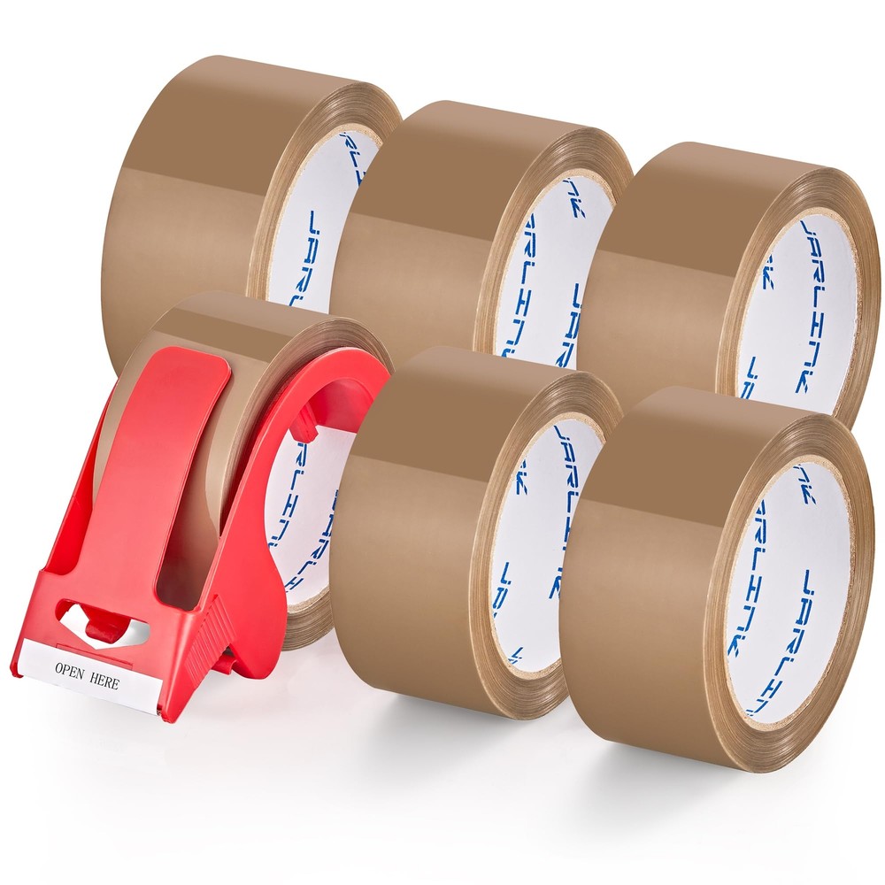 6 Rolls Brown Packing Tape with Dispenser Heavy Duty Packaging Tape Refills for