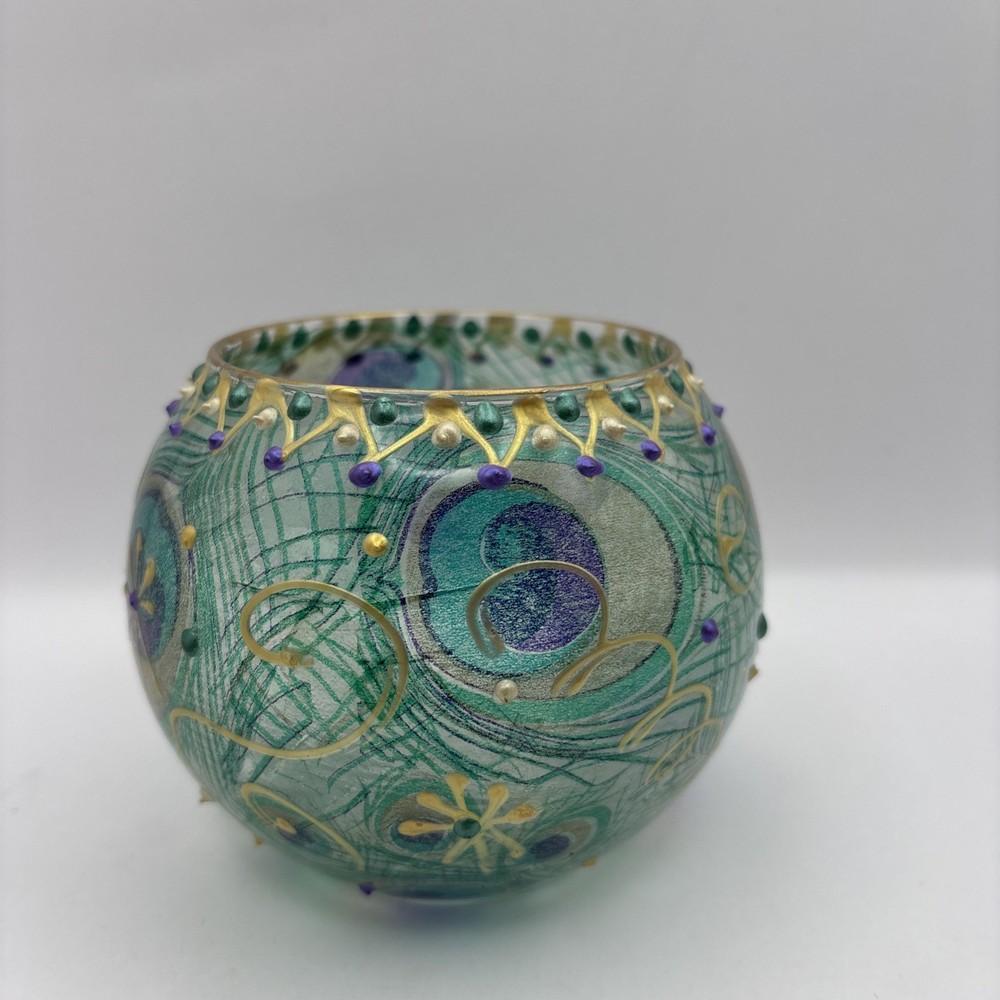 Handpainted Glass Textured Tea Light Holder with Gold Accents~Signed