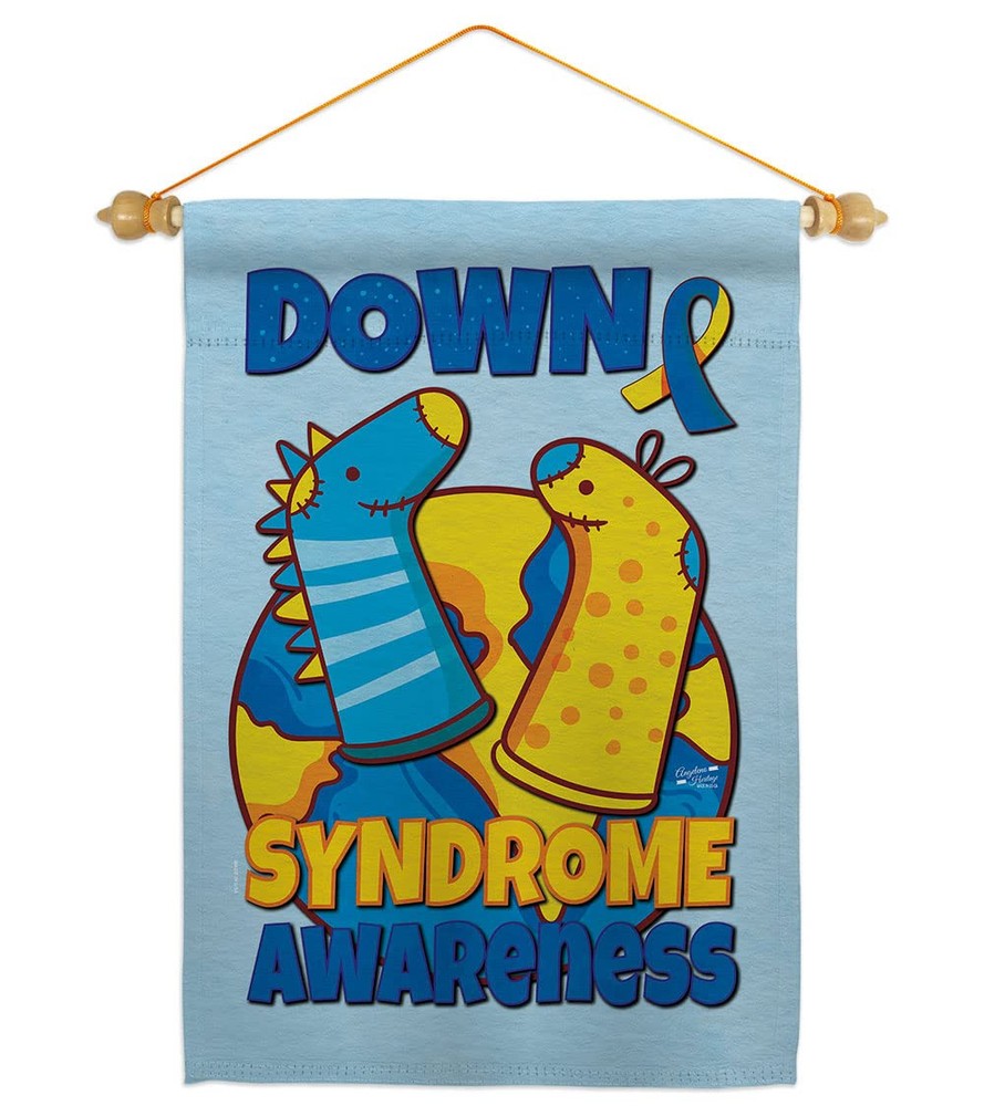Down Syndrome Sock Garden Flag Pole Wood Dowel Blue Yellow Ribbon Breast Canc...