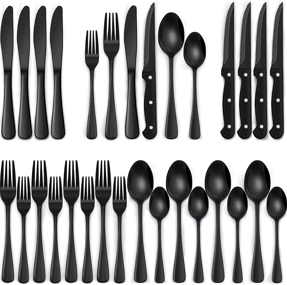 24-Piece Black Flatware Set for 4 with Steak Knives Food Safe
