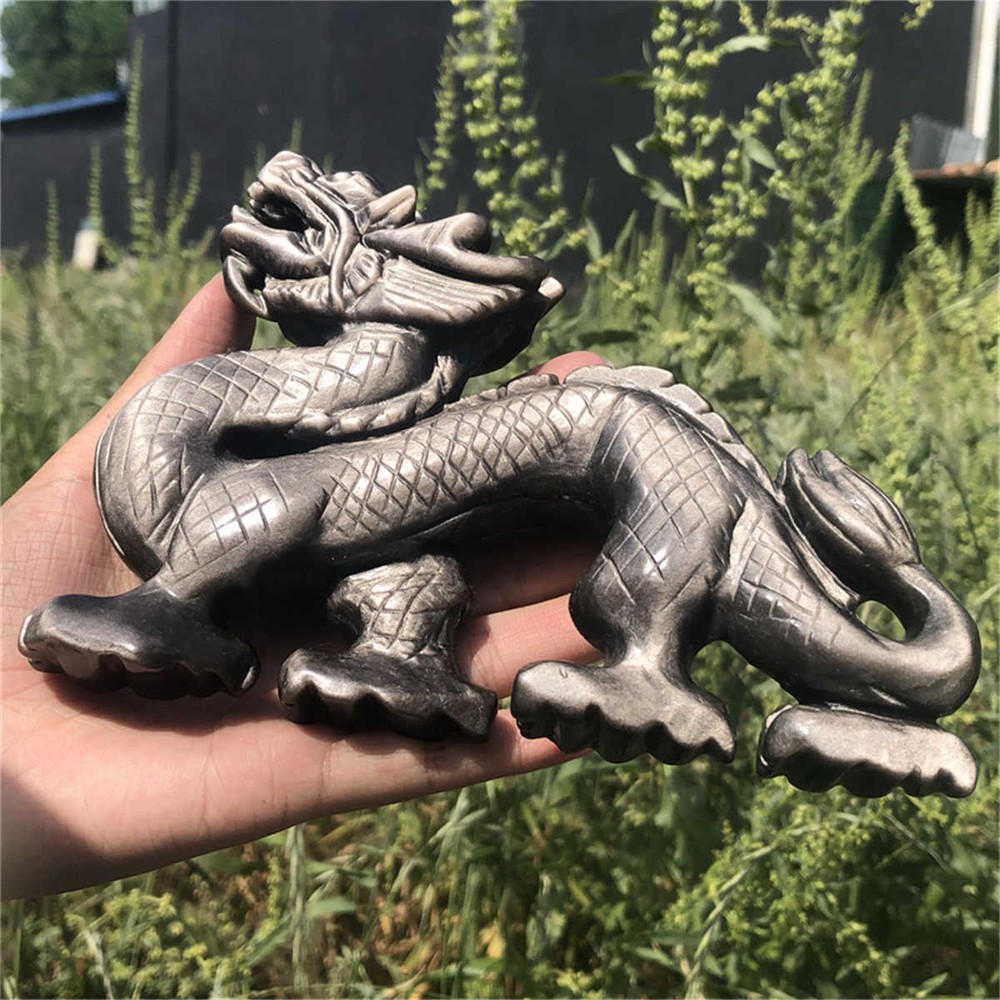 480g Natural Carved Silver obsidian dragon Figurines Reiki Quartz Crystal Skull