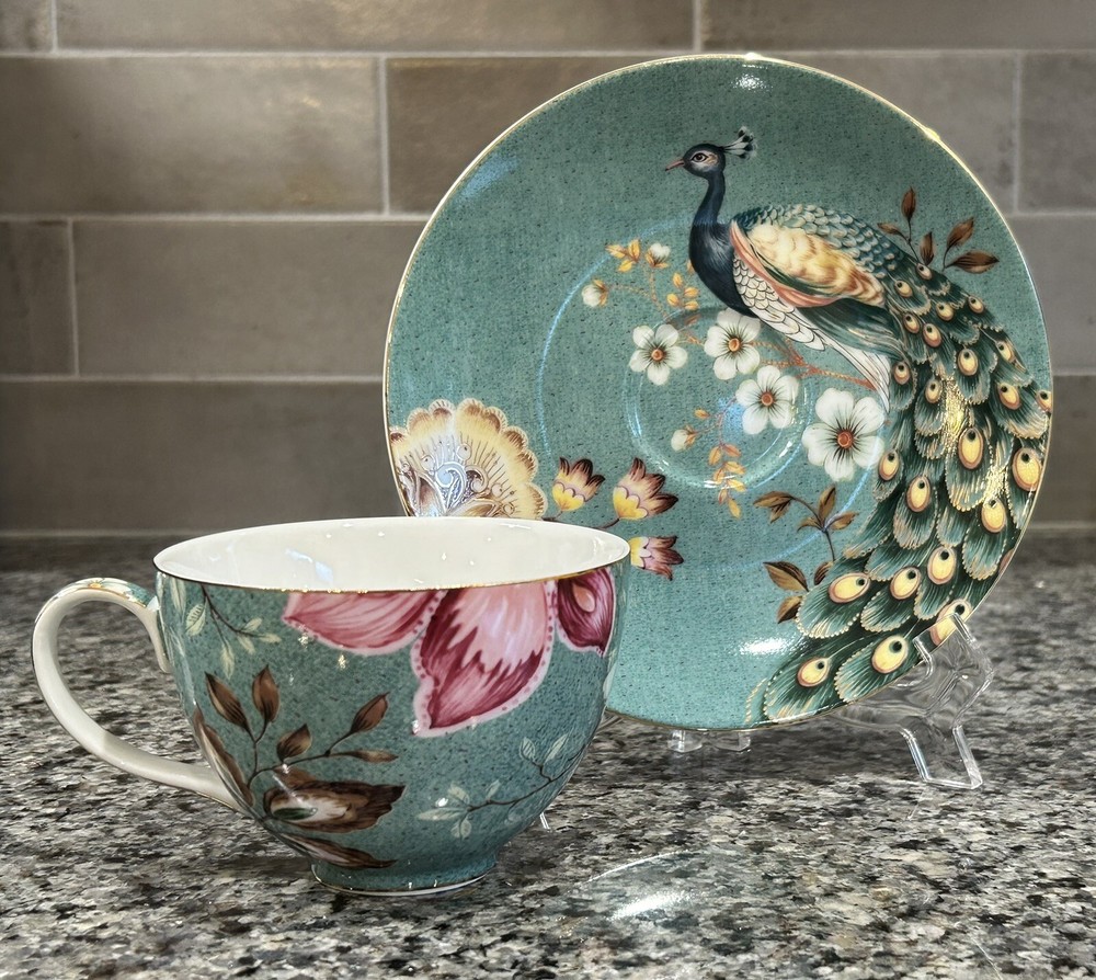 Grace Teaware Peacock Lotus Garden Flat Cup & Saucer Set Teal/Pink