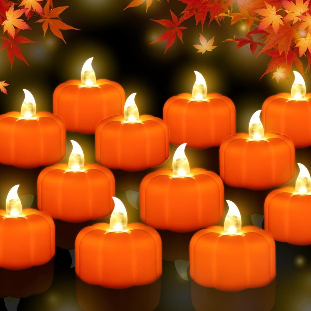 12-Pack LED Pumpkin Tea Lights with Batteries – Flameless Candles
