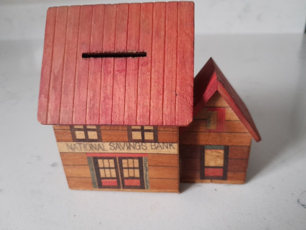 Vintage Folk Art Painted Wooden National Savings Bank Coin Bank