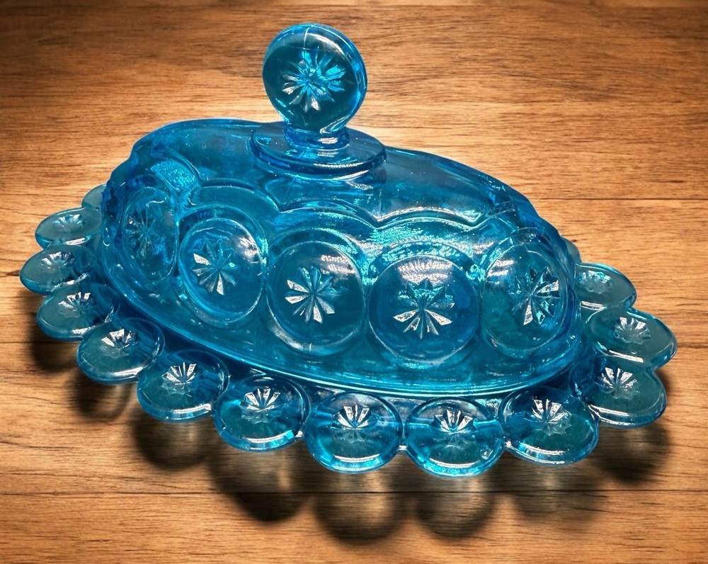 Vintage Aqua Blue Moon and Stars Glass Butter Dish with Lid - Fleabites  