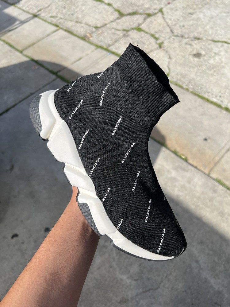 Balenciaga All Over Sock Sneaker Black White Logo Pattern Slip On High Top Knit