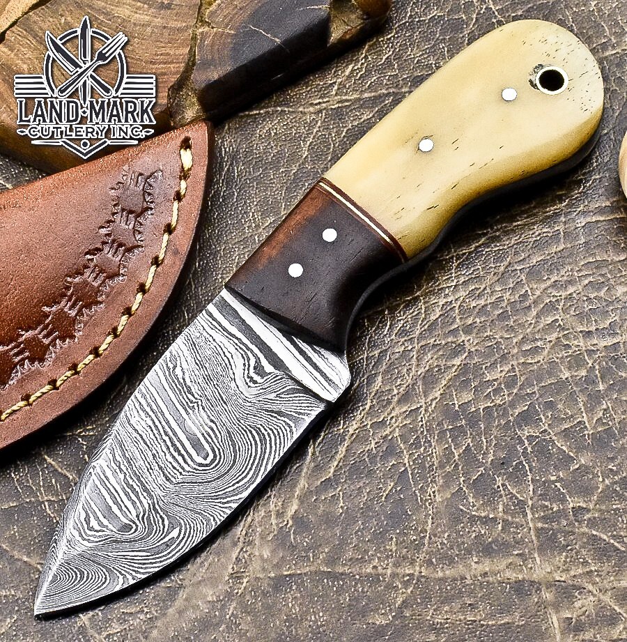 3-inch Damascus Steel Hunting Skinner Knife with Bone and Wood Handle