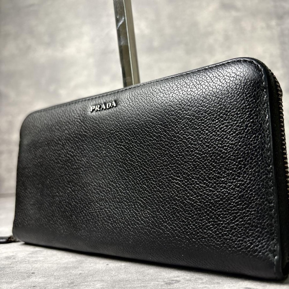 Prada Black Leather Long Wallet with Round Logo Hardware