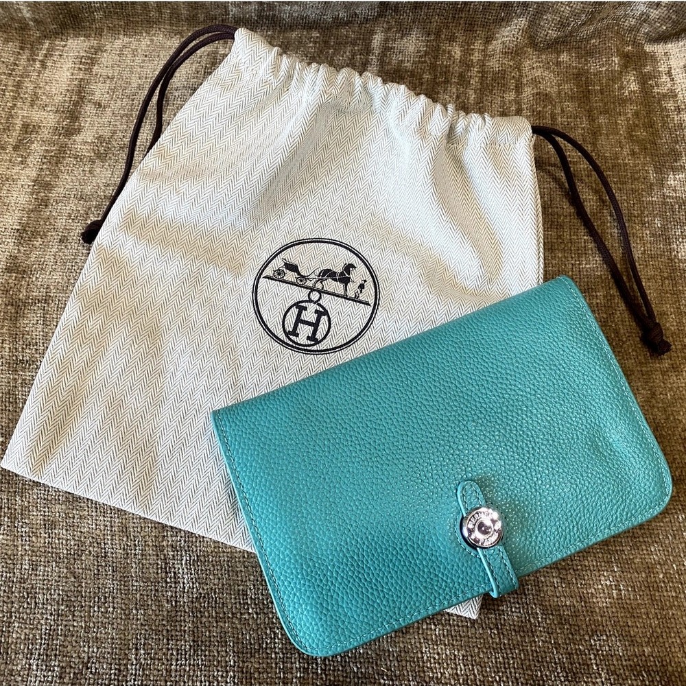 Hermès Togo Leather Dogon GM Wallet in Teal Blue with Dust Bag and Coin Purse 7.5x5