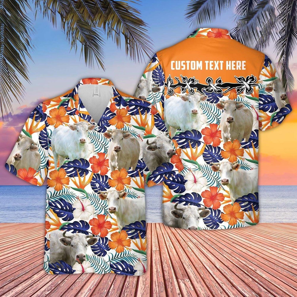 Personalized Unique Charolais Hibiscus Blue Floral Custom Name 3D Hawaiian Shirt