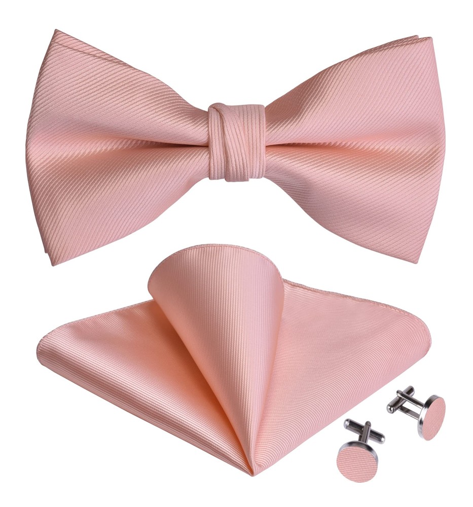 Rose Gold Silk Pre-Tied Bow Tie for Men with Pocket Square