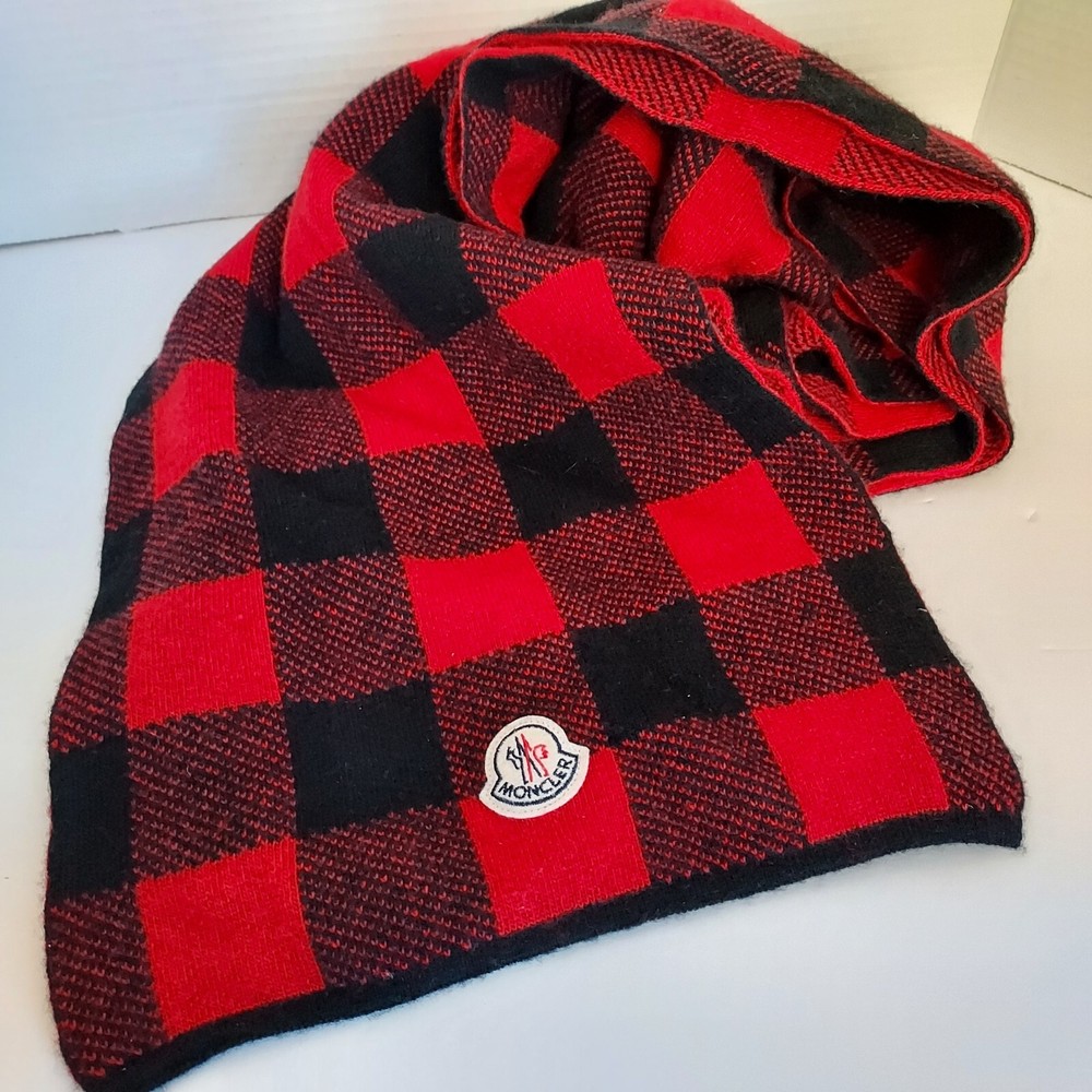 Vintage Moncler Buffalo Plaid Wool Scarf with Logo Patch Made in Italy