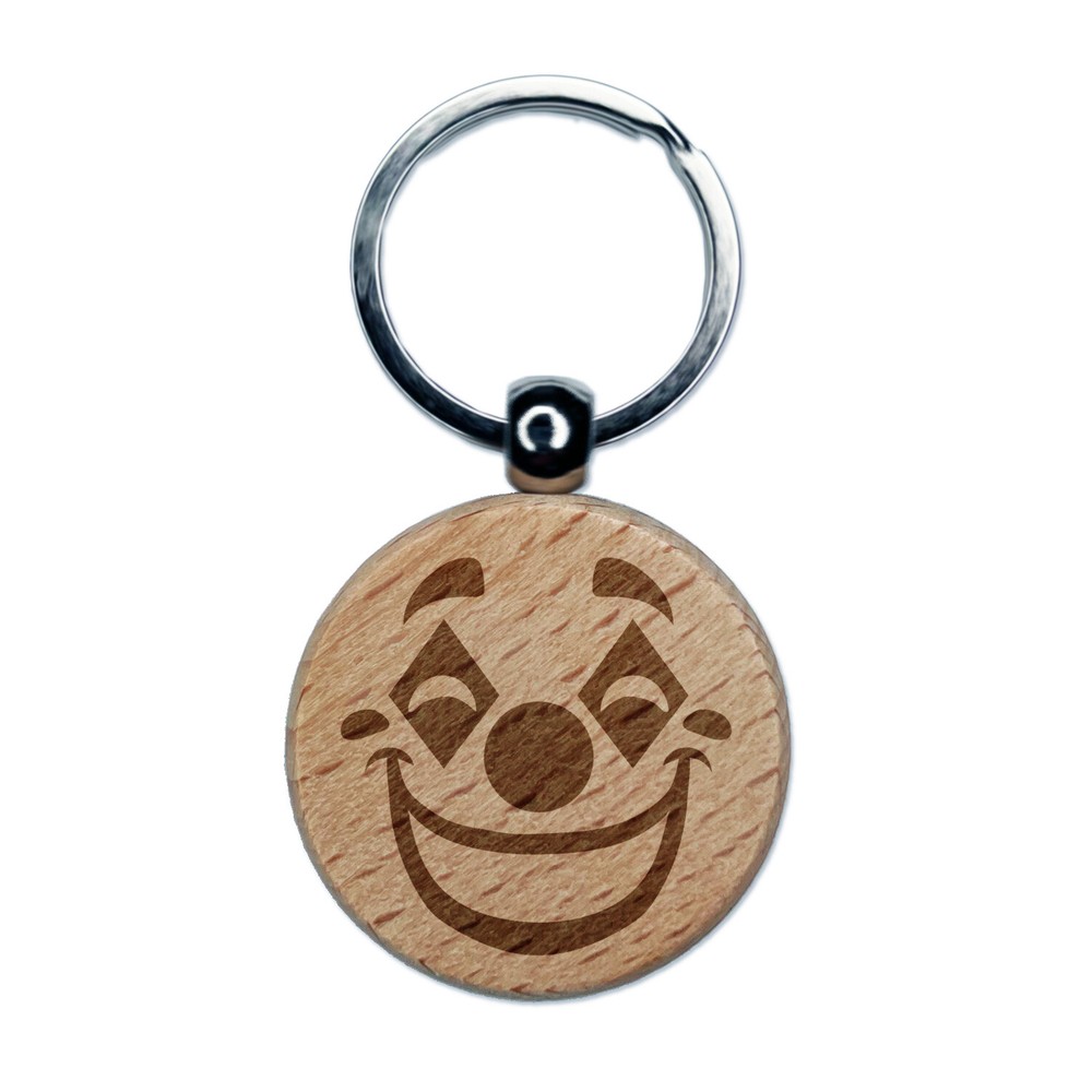 Happy Clown Face Engraved Wood Round Keychain Tag Charm