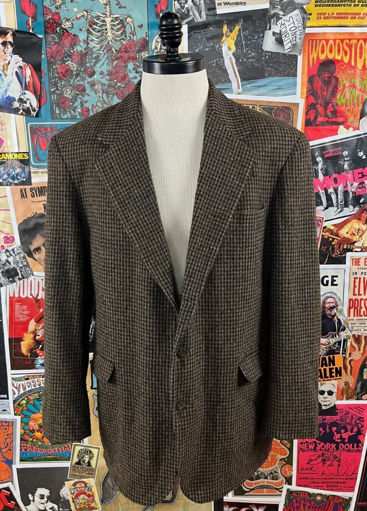 Vintage 90s Haggar Brown Tweed Houndstooth Blazer 44 Long for Men