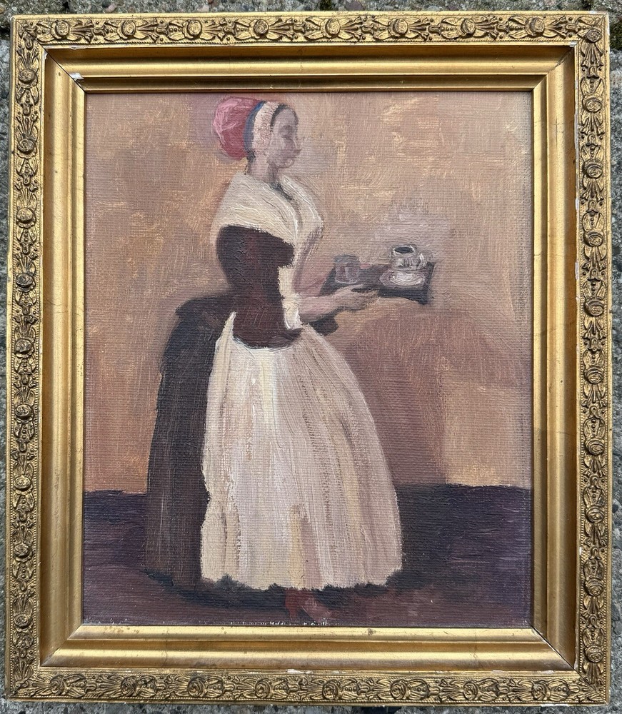 Vintage Framed Oil Painting:  The maid serves afternoon tea from c. 1930