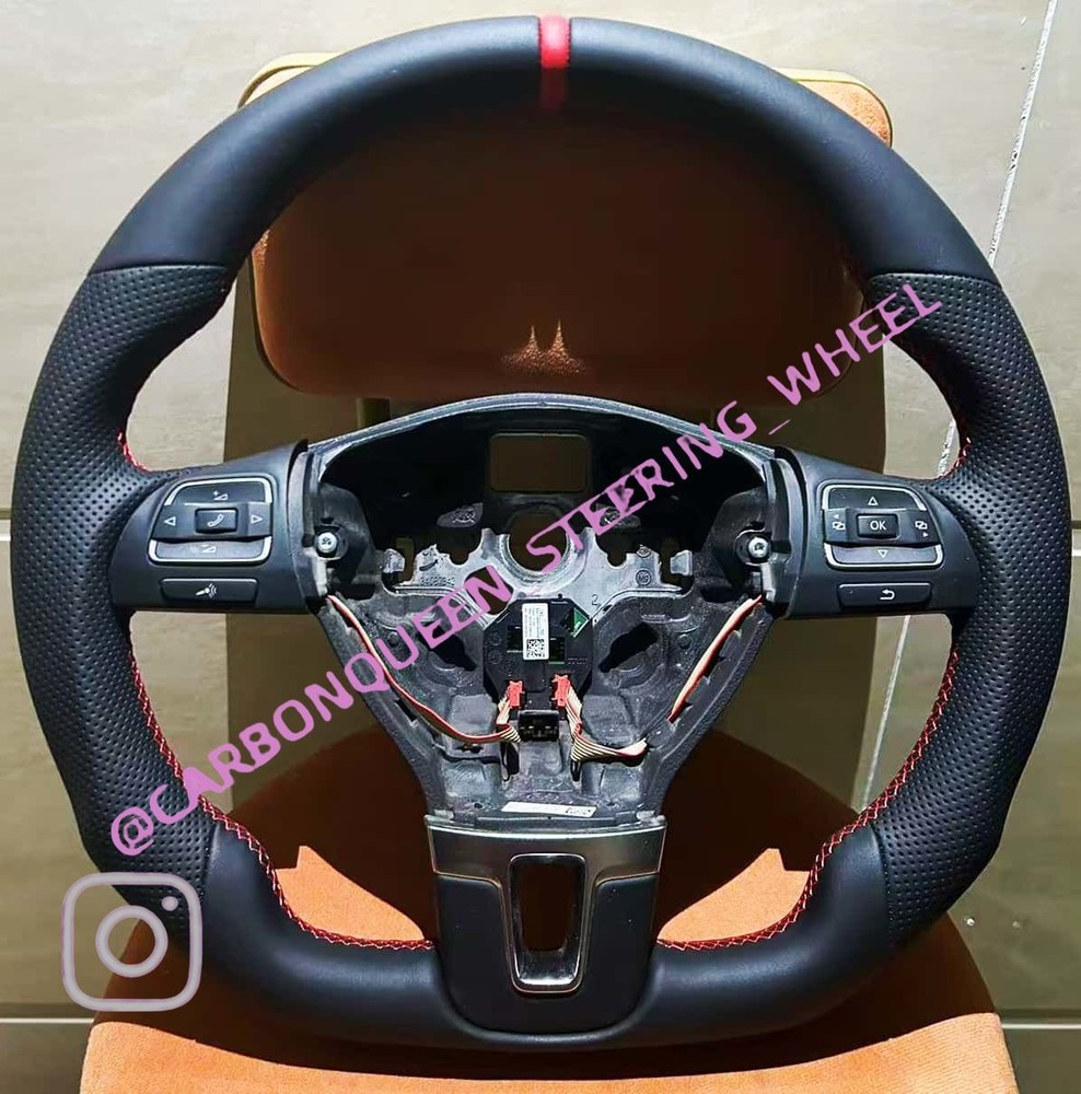 FULL LEATHER Steering Wheel FOR CC/Eos/Golf/Jetta/Passat/Tiguan/RED  NO PADDLES