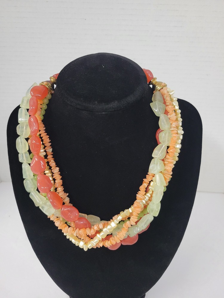 Vintage Boho Chunky Beachy Necklace Multi-Strand Beaded Orange & Green 16