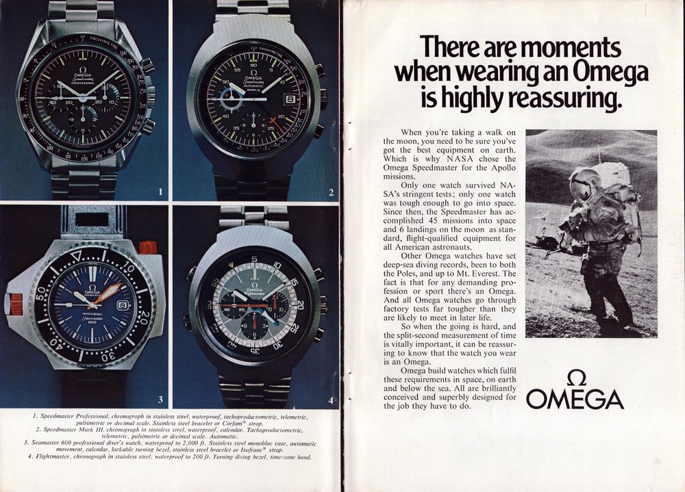 Vintage 1971 OMEGA Speedmaster Moon Watch Astronaut Print Ad 2 Pages