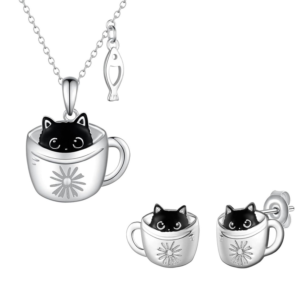 Black Cat Cup Necklace and Earrings 925 Sterling Silver Black Cat Jewelry Gif...